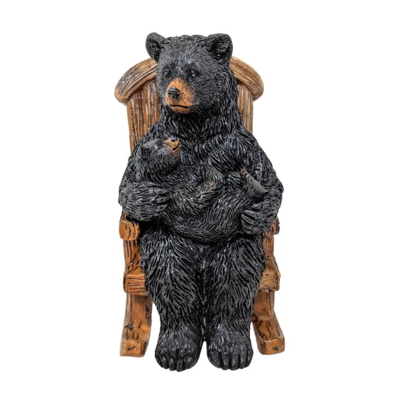 Black Bear Figurine in Rocking Chair Holding Cub – Rustic Wildlife Decor for Cabin, Lodge, Mountain or Woodland-Themed Spaces
