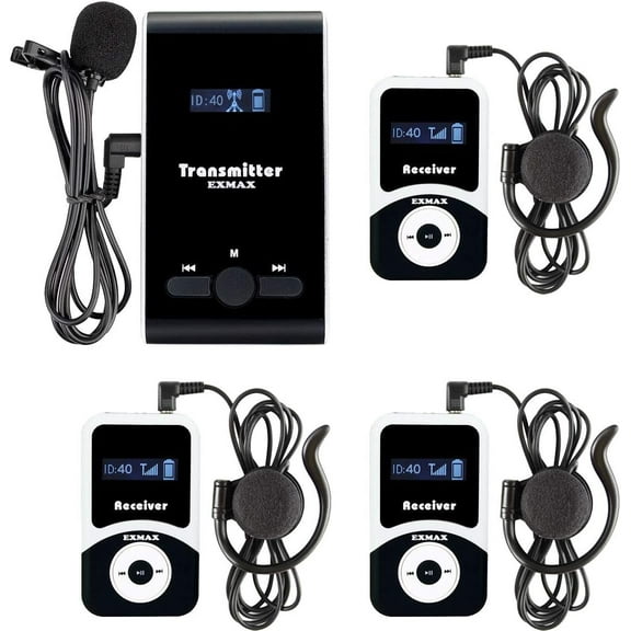 EXMAX EX-100 Wireless Tour Guide Monitoring Acoustic Audio Voice Transmission System Microphone Earphone for Church Translation Simultaneous Interpreting Teaching Worship (1 Transmitter 3 Receivers)