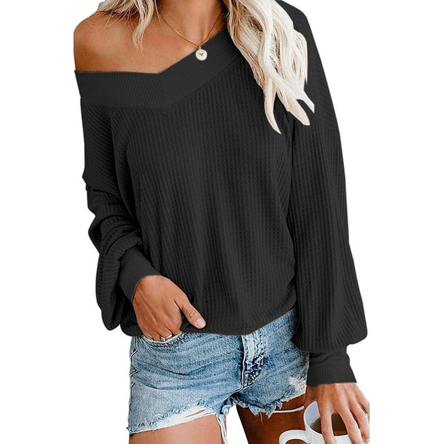 Blusa suelta de manga larga Ormromra con cuello en V y hombros descubiertos para mujer