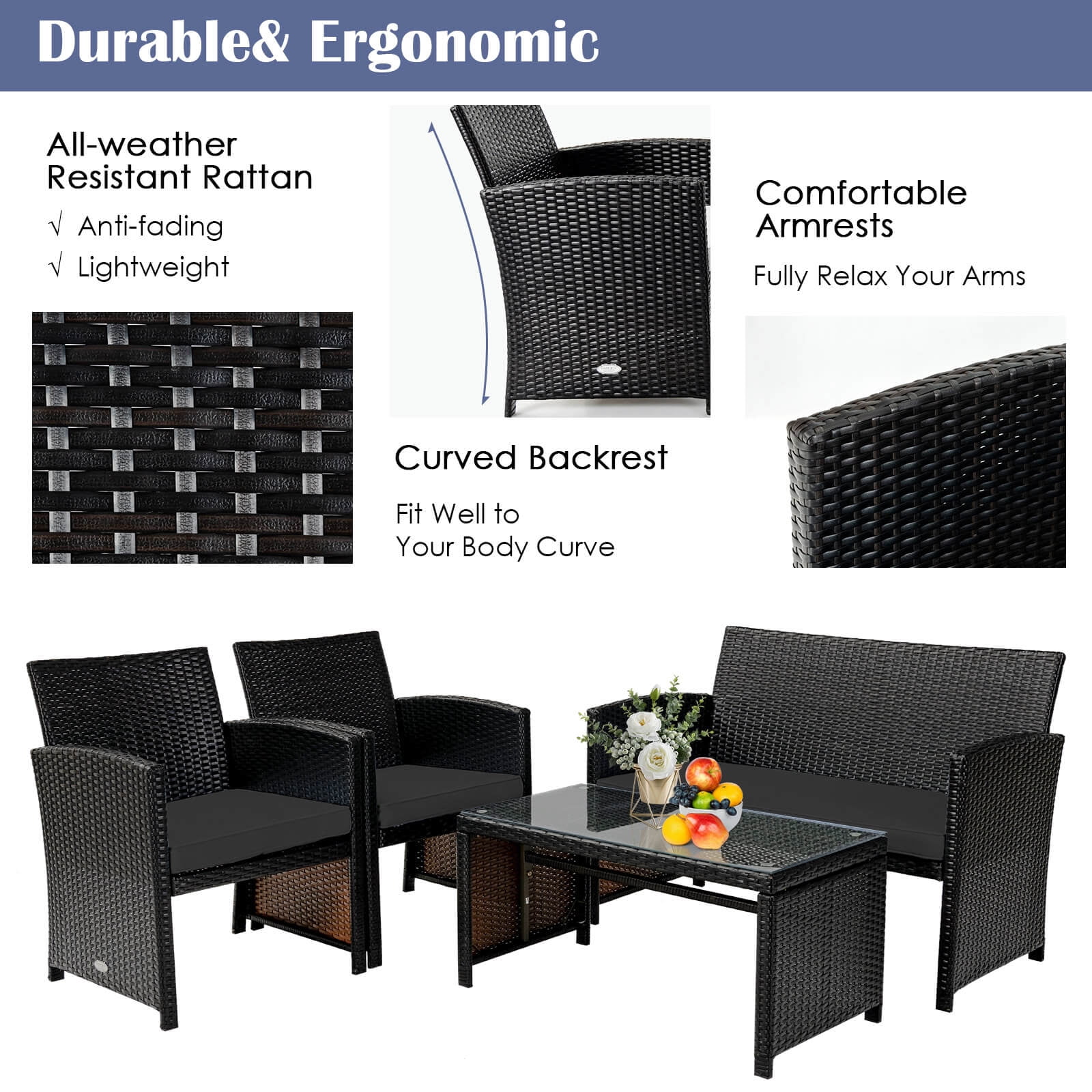 Costway 4PCS Patio Rattan Furniture Set Cushioned Chair Sofa Table Black