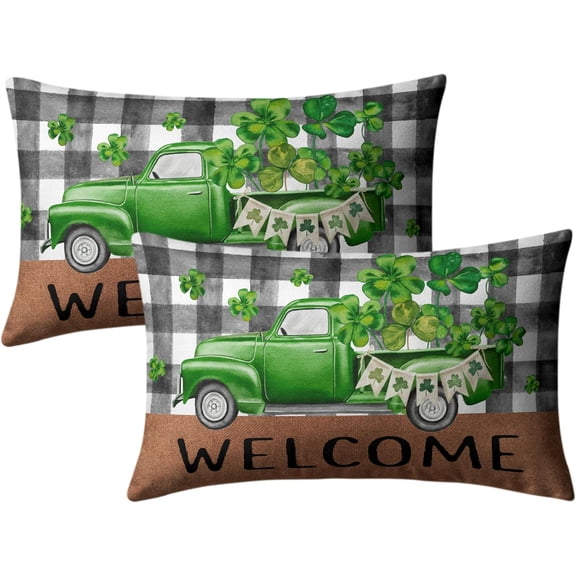 St Patricks Day Lumbar Pillow Covers 12x20 Set of 2 Green Truck Filled with Shamrock Decorative Pillow Covers Buffalo Plaid Truck Pillow Case for Home Decor Sofa Bedroom