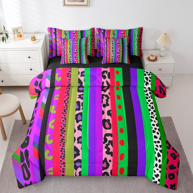 Erosebridal Teens Cheepah Print Bedding Twin Size, Cartoon Rainbow Bedding Sets Twin Size, Colorful Stripe Decor, Reversible