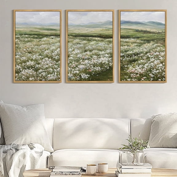 Drsoum Large 24x36in3pcs Brown Framed Vintage Wall Art Rustic Meadow Sea of Wildflower Field Landscape Painting Retro Floral Scenery Living Room Decor