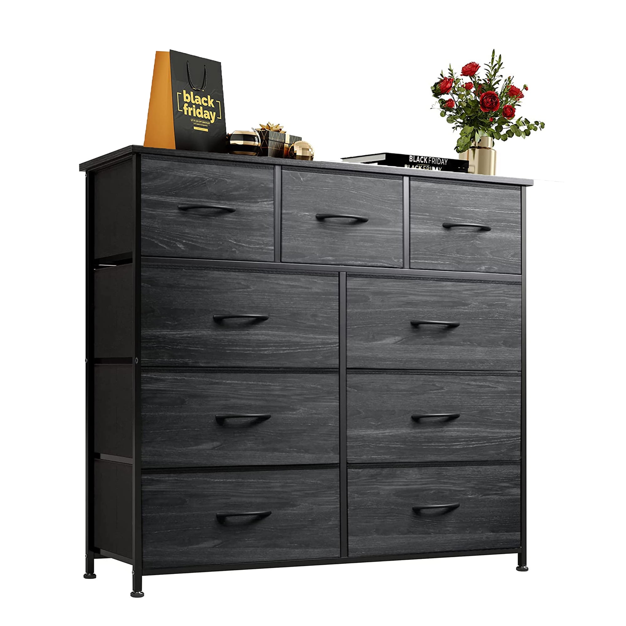 Dresser Storage Bin for Bedroom with 9 Drawers, Wood Grain Organizer