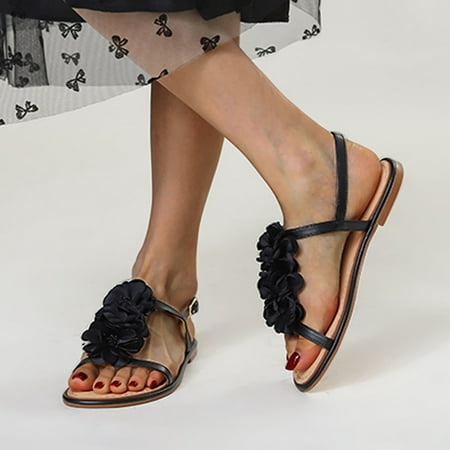 

XIAQUJ Ladies Summer Fashion Flat Bottom Casual Floral Solid Colour Simple Bohemian Style Open Toe Beach Shoes Sandals Sandals for Women Black 8.5(41)