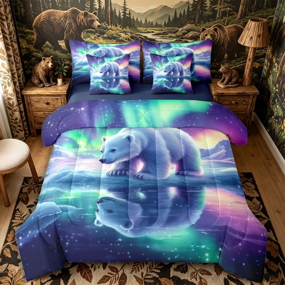 Castle Fairy Wildlife Aurora Polar Bear 7-Piece Twin Bedding for Teens,Icy Lake Snow Mountain Bedding Comforter Set,Mint Purple White,Navy Blue Reversible
