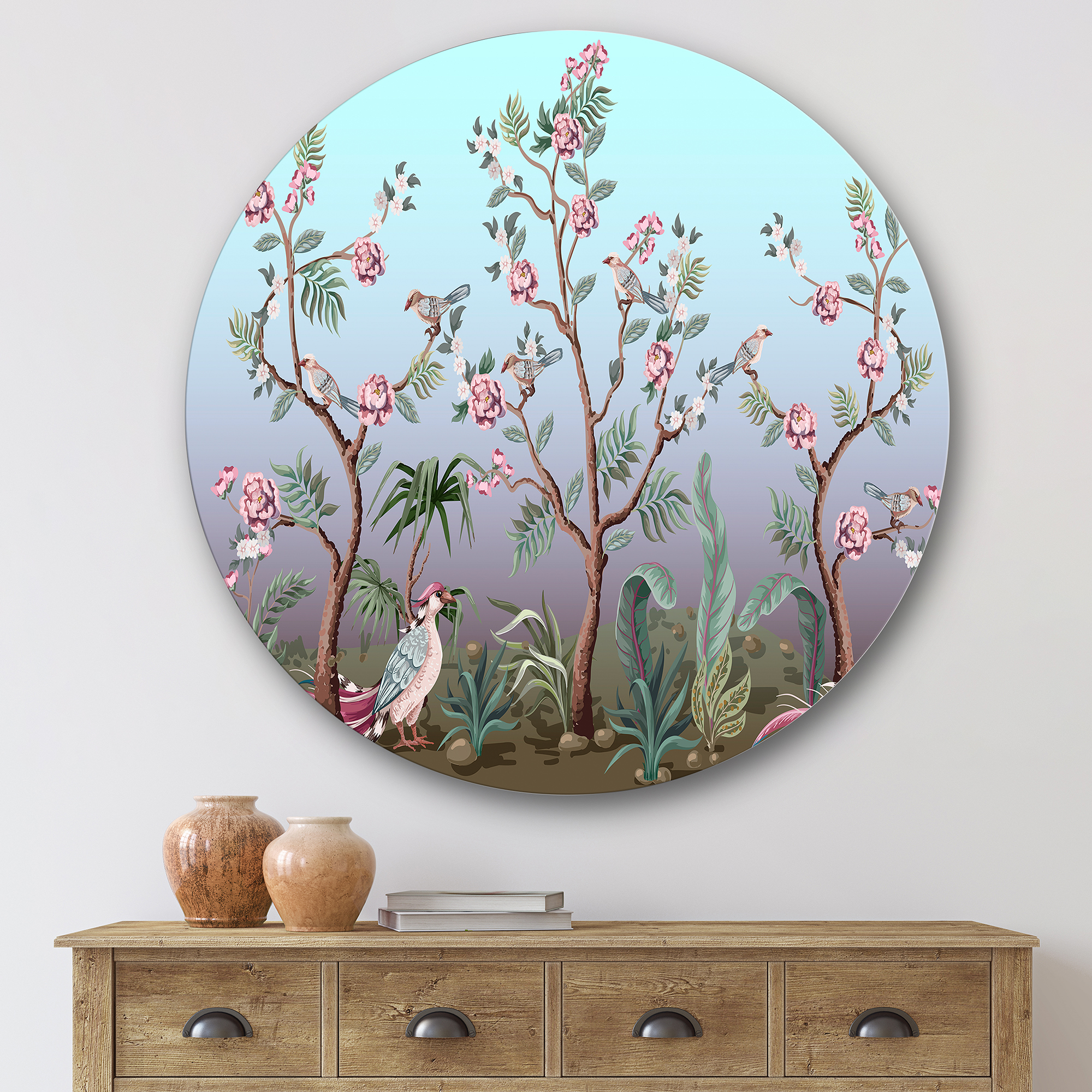 Designart 'Chinoiserie With Peonies and Birds II' Traditional Circle Metal Wall Art 29x29 - Disc of 29