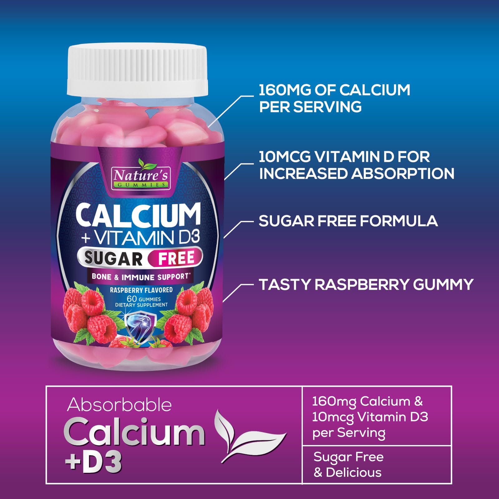 Calcium Supplement Gummies - Sugar Free Calcium Gummy with 400 IU Vitamin D3 for Best Absorption - Supports Immune Health, Bones & Teeth - Nature's Calcium Chews for Women & Men - 120 Gummies
