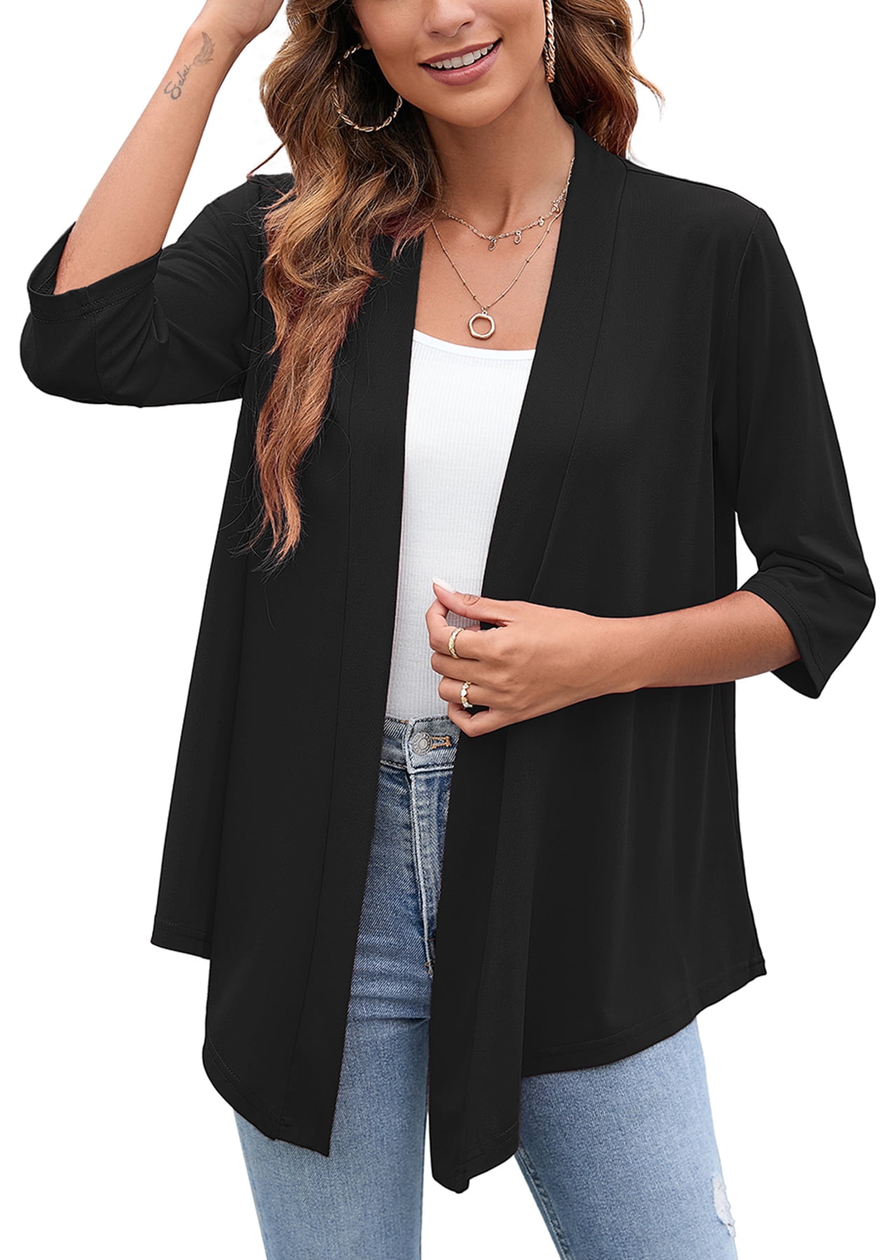 SHOWMALL Women's Casual Lightweight Open Front Cardigans Soft Draped 3/ ...