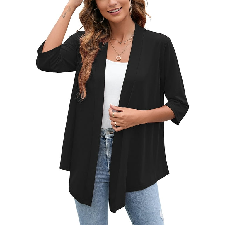 SHOWMALL Women's Casual Lightweight Open Front Cardigans Soft Draped 3/4  Sleeve Cardigan, US Size XL, Black