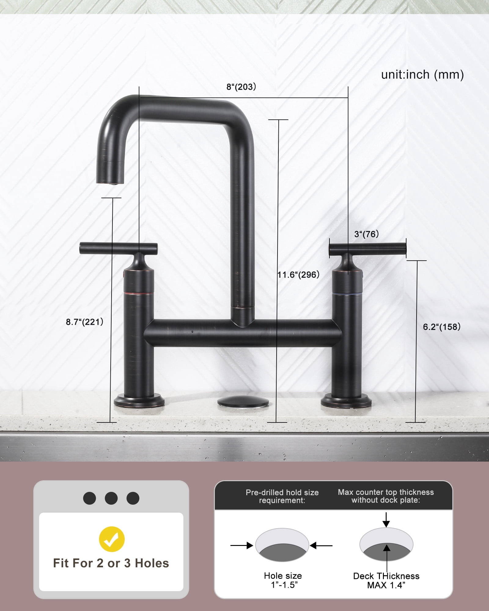 WOWOW Double Handle Bridge Faucet with Kitchen Sink Hole Cover