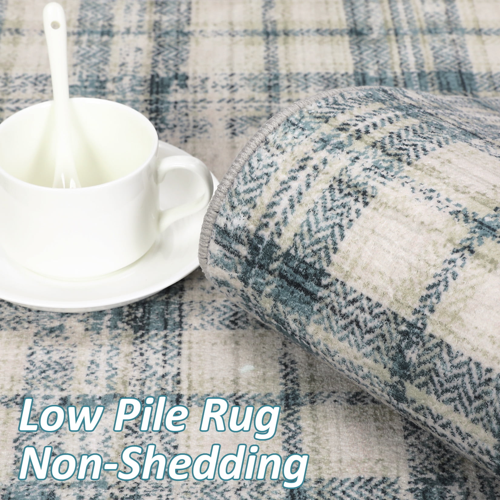 GlowSol 10'x13' Washable Area Rugs for Living Room Modern Farmhouse Plaid Rug Non-Slip Low Pile Large Rug Floor Cover, Beige/Blue