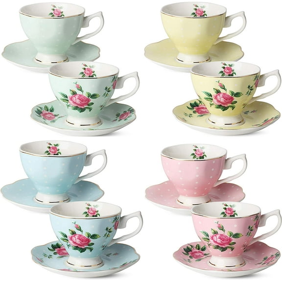Floral Tea Cups and Saucers Set of 8 (8 oz), Porcelain Tea Cup Sets, Assorted Colors with Gold Trim & Gift Box, Dishwasher Safe