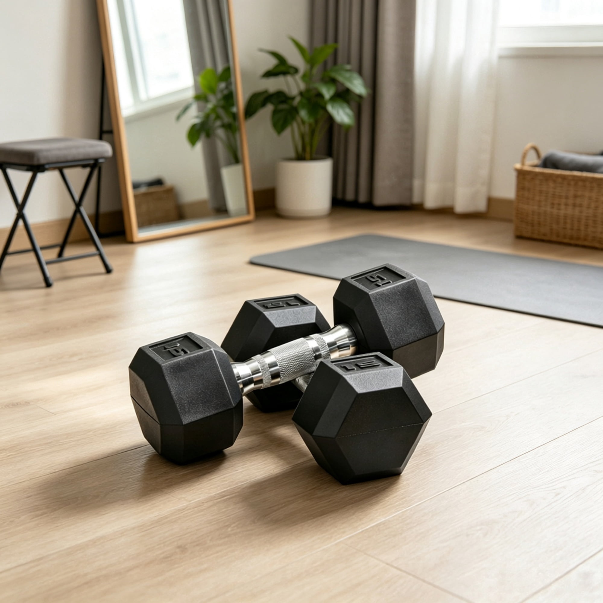 2 X 15lbs Hex Dumbbell Set for Home Gym Workout Rubber Weights with Non-Slip Handles Anti-Roll Fitness Exercise Dumbbells for Women And Men, Black