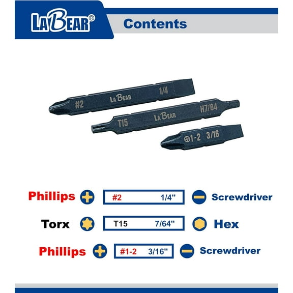 DASAW-3pcs Two-Sided Screwdriver Bit For Leatherman MultiTool Accessories- Long Phillips #2 and 1/4" Screwdriver &Torx #15 and Hex 7/64" Short Phillips #1-2 and 3/16" (Not Included SKELETOOLS)