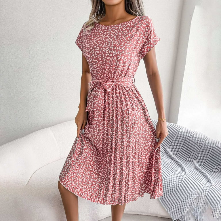 Cuzibr Women's Summer Floral Midi Dress Short Sleeved Crewneck High Waist Pleated Swing Dresses with Belt Midi Flowy Long Boho Party Dailywear,Pink,XL