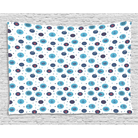 Nautical Tapestry, Marine Theme with Fishes Anchor Waves Sea Shells Starfish Gulls Lifebuoy, Wall Hanging for Bedroom Living Room Dorm Decor, 60W X 40L Inches, Blue Dark Blue Red, by Ambesonne