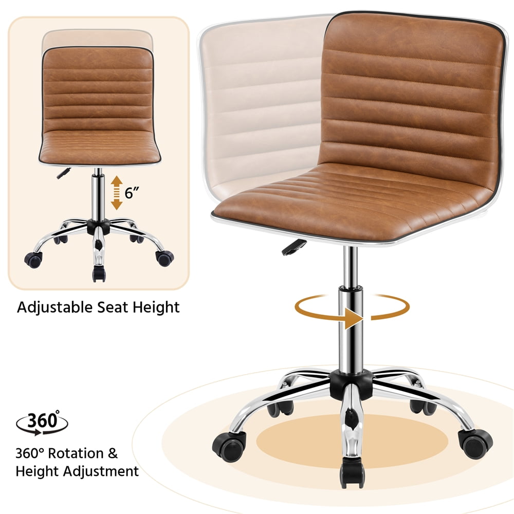 Alden Design PU Leather Armless Desk Chair with Wheels, Retro Brown