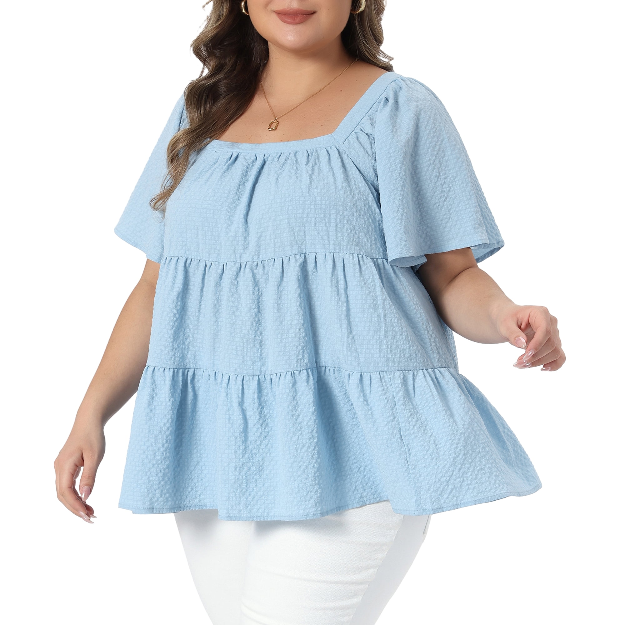 DARING DIVA Women's Plus Summer Square Neck Short Sleeve Tops 3X Light Blue