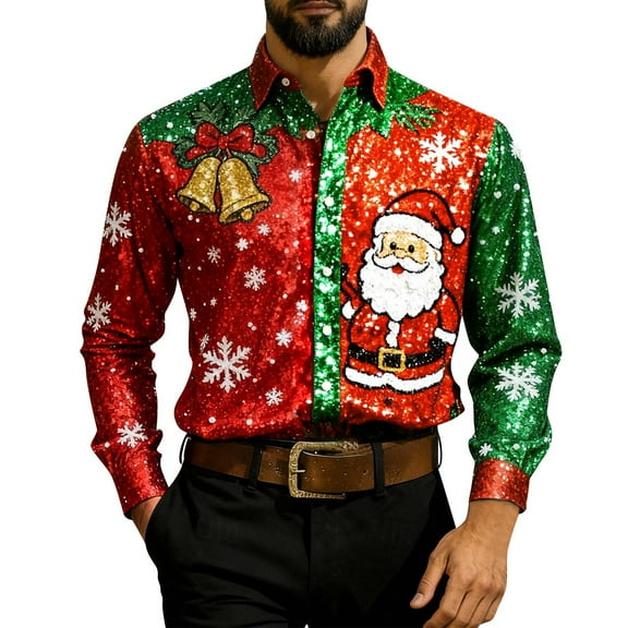 Stamzod Christmas Button Down Shirt Men Turndown Long Sleeve Holiday Shirts 2025 Xmas Santa Print Casual Oversized Shirt for Festival Party Multicolor F L