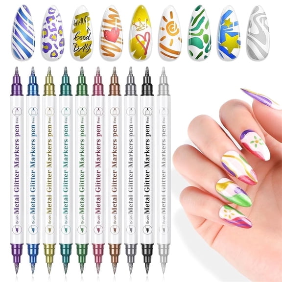 10 Colors Double Ended Metallic Nail Art Marker Pens, NOGIS 3D Metallic Nail Graffiti Dotting Drawing Point Pen Sets Nail Art Painted Pen Nail Design Kit for Nail Design Nail DIY Decoration