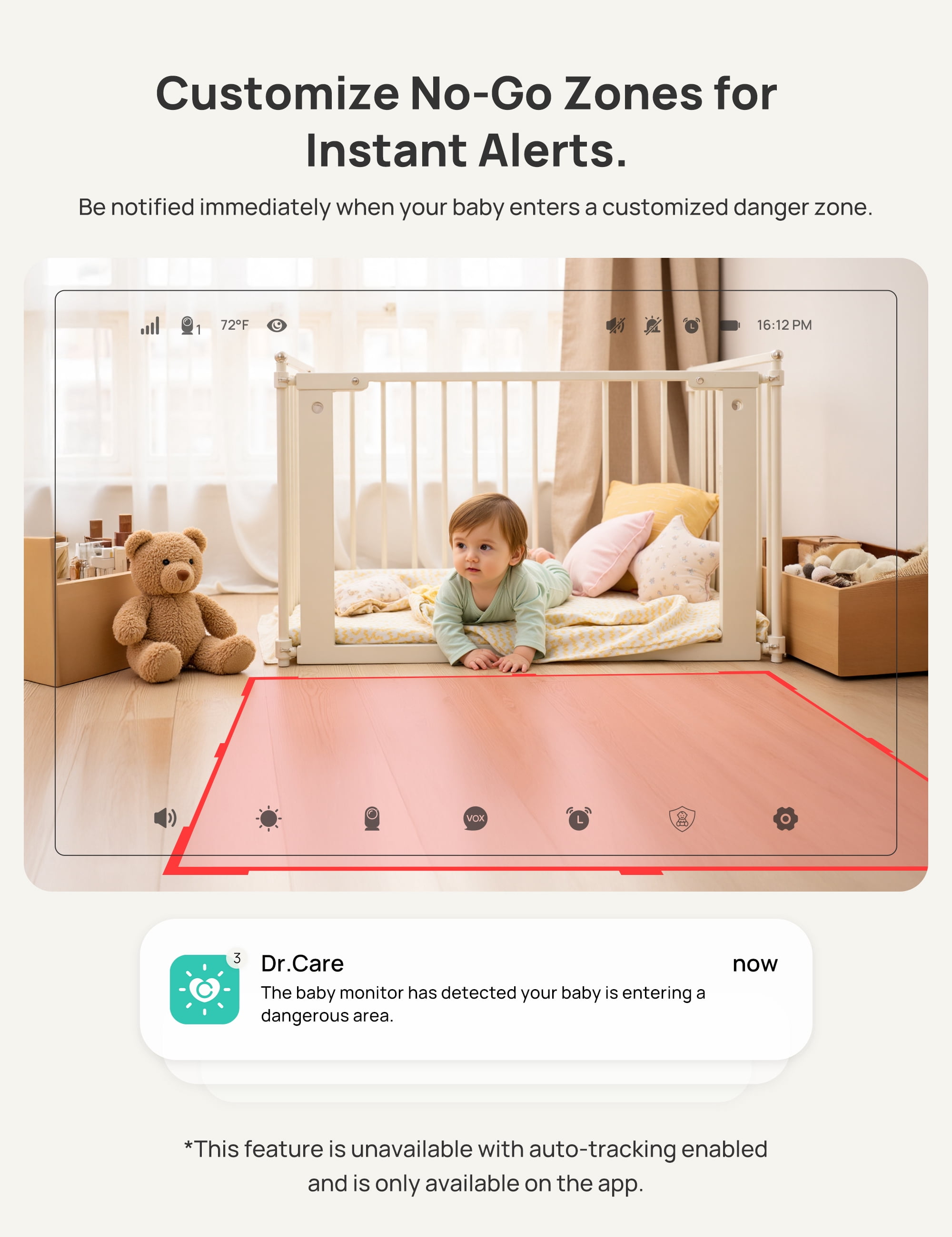 Dr.Care 5" Smart WiFi Baby Monitor with 2K HD Security Camera,APP Control, Cry & Motion Detection,Pan-Tilt-Zoom,Temp, Nightvision, 2-Way Talk