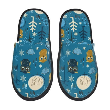 Balery Cute Colorful Owls And Trees Slient Indoor Furry Fleece Comfort House Shoes Soft Non-Slip Home Shoes Cotton slippers House Slippers-- Medium