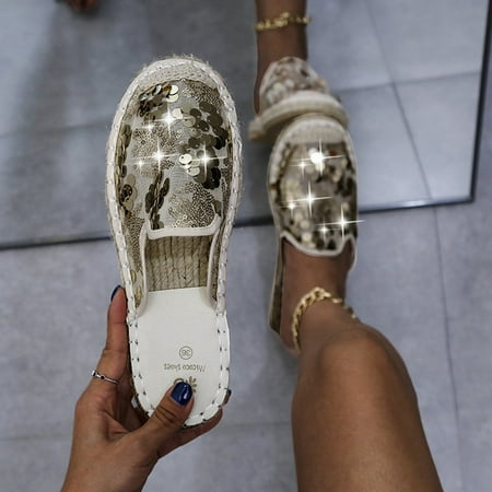 

PhoneSoap Fashion Large Size Sequin Lace Straw Toe Capless Fisherman Shoes Gold