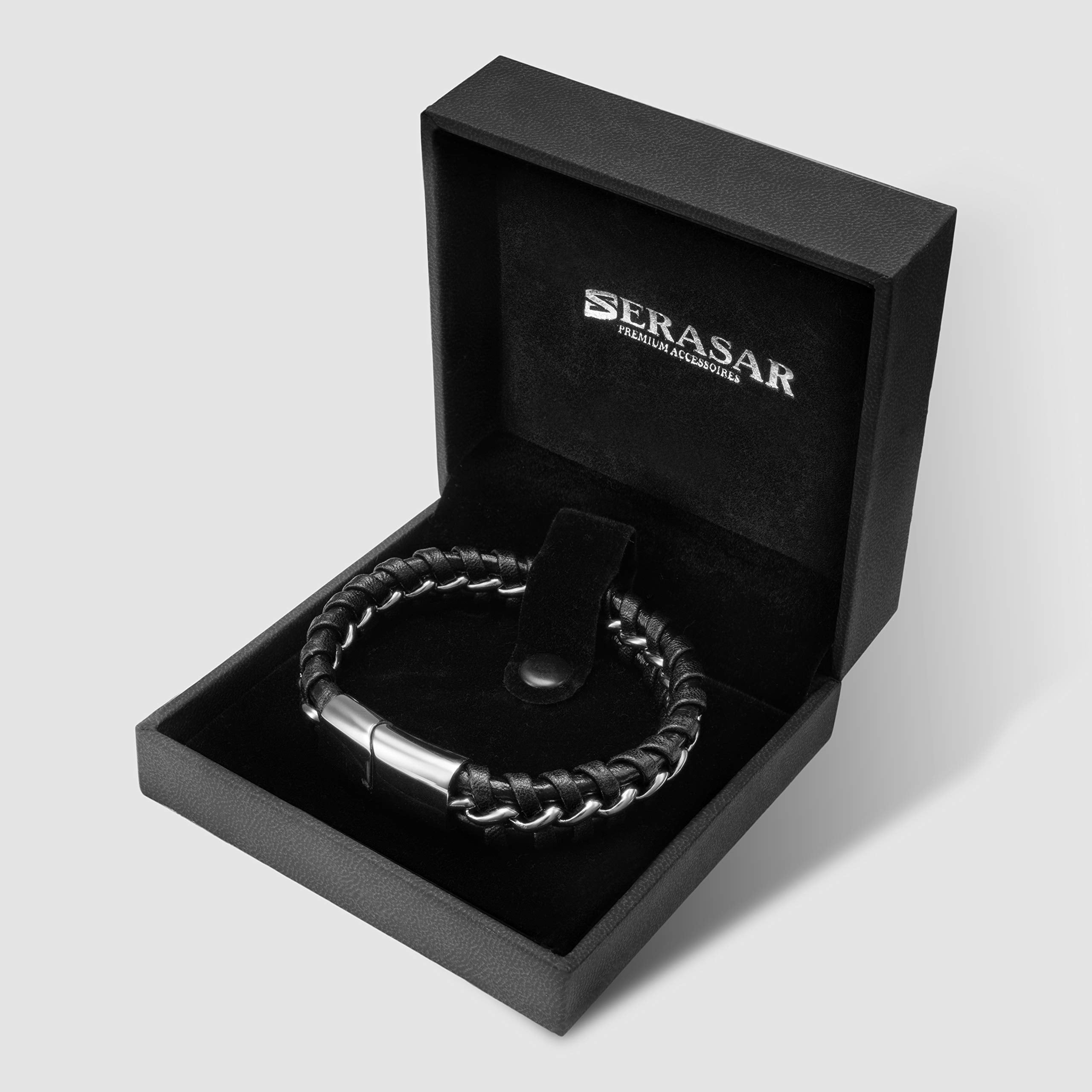 SERASAR Leather Bracelet for Men "Joy" with stainless steel magnetic closure, Silver 20cm, including gift box