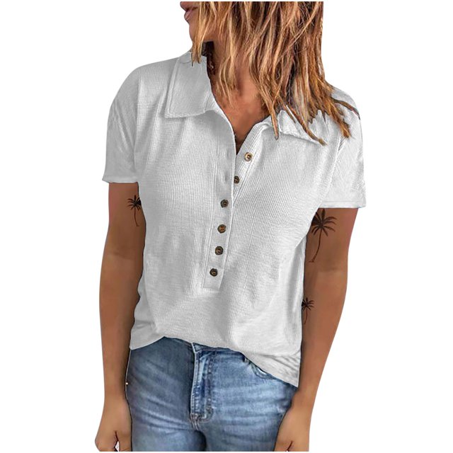 DPTALR Women's Crewneck Solid Color Button T-shirt Tops Short Sleeve Blouse