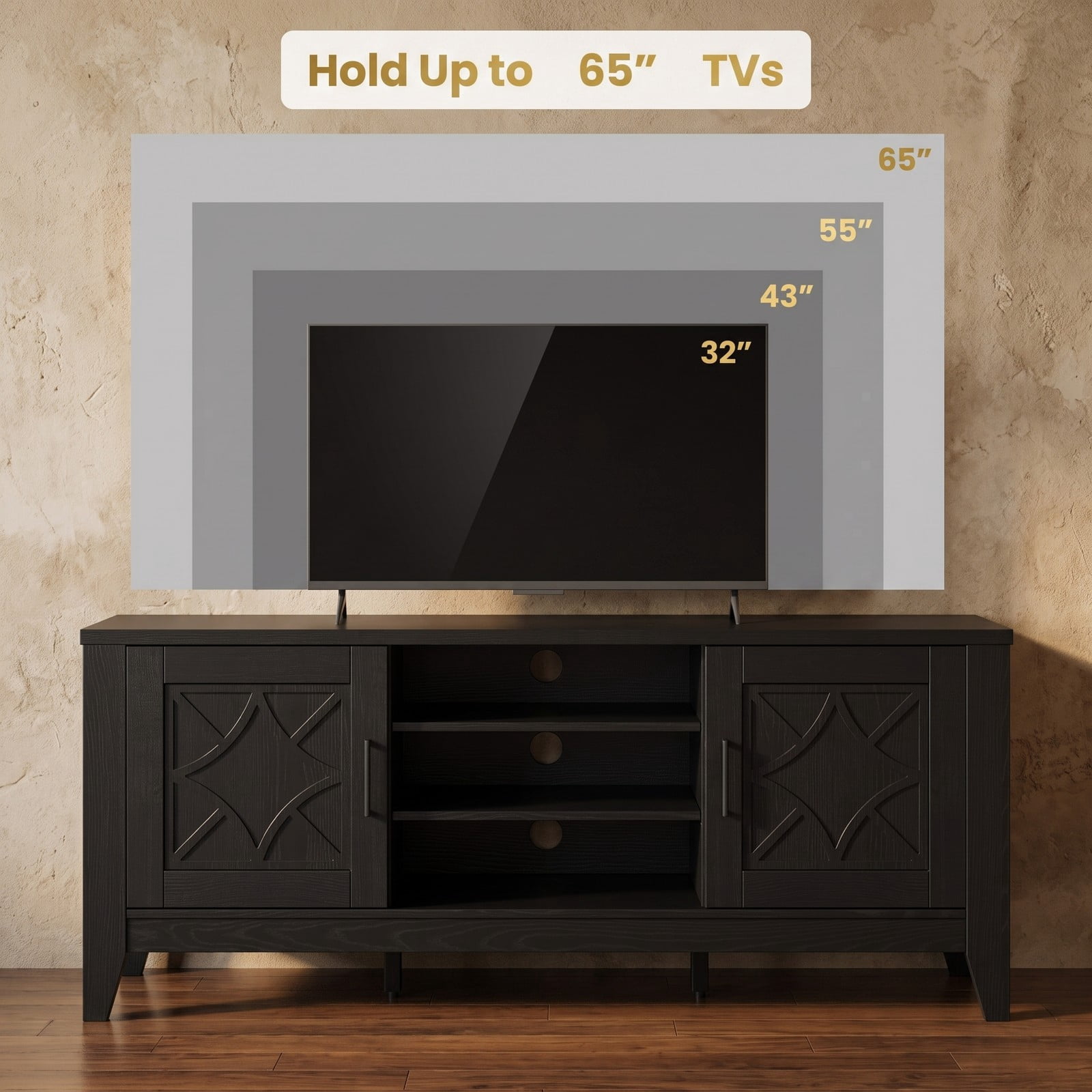 Furnibear Farmhouse TV Stand for TVs Up to 65 Inches, Entertainment Center with 4 Adjustable Shelves, Glass Door Cabinets and Cable Management, Media Console, Black