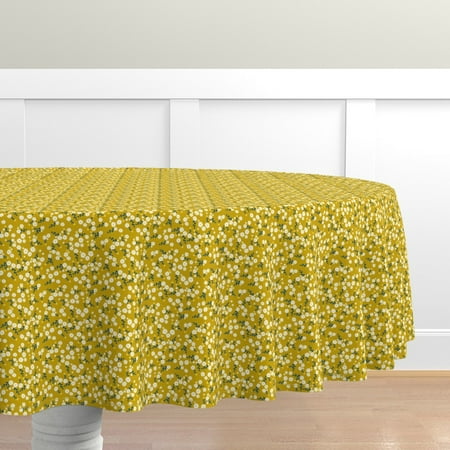 

Cotton Sateen Tablecloth 90 Round - Autumn Yellow Daisy Ditsy Fall Floral Mustard Print Custom Table Linens by Spoonflower