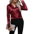 thumbnail image 3 of Satin Blouses for Women Casual Long Sleeve Button Down Shirts Dressy Business Work Tunic Top Wine Red XL, 3 of 9