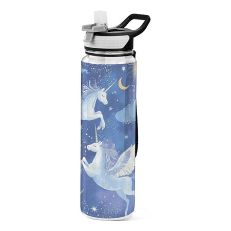 32oz Transparent Sports Water Bottle with Straw for Kids Adults Outdoor School Gym Fitness Enchanting Unicorn Pattern