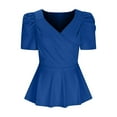 thumbnail image 4 of Wenyuyu Womens Summer Tops 2024 Elegant V Neck Puff Short Sleeve Shirts Peplum Slim Fitted Blouses for Going Out Dark Blue XL, 4 of 5