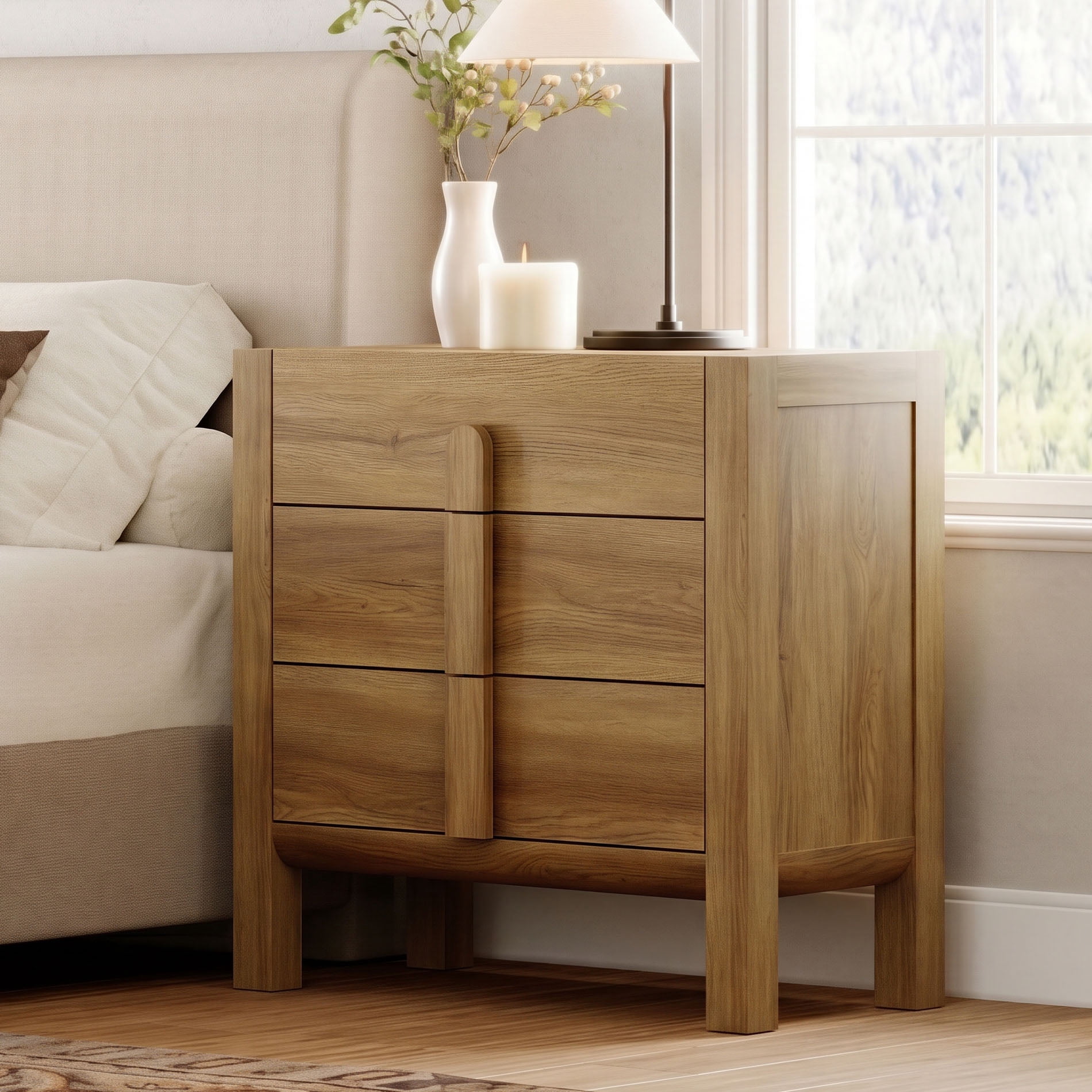 Mid-Century Modern Nightstand with 3 Drawers ,31.5" Large End Table, Wooden Bedside Table Storage Cabinet for Bedroom, Living Room,Entryway