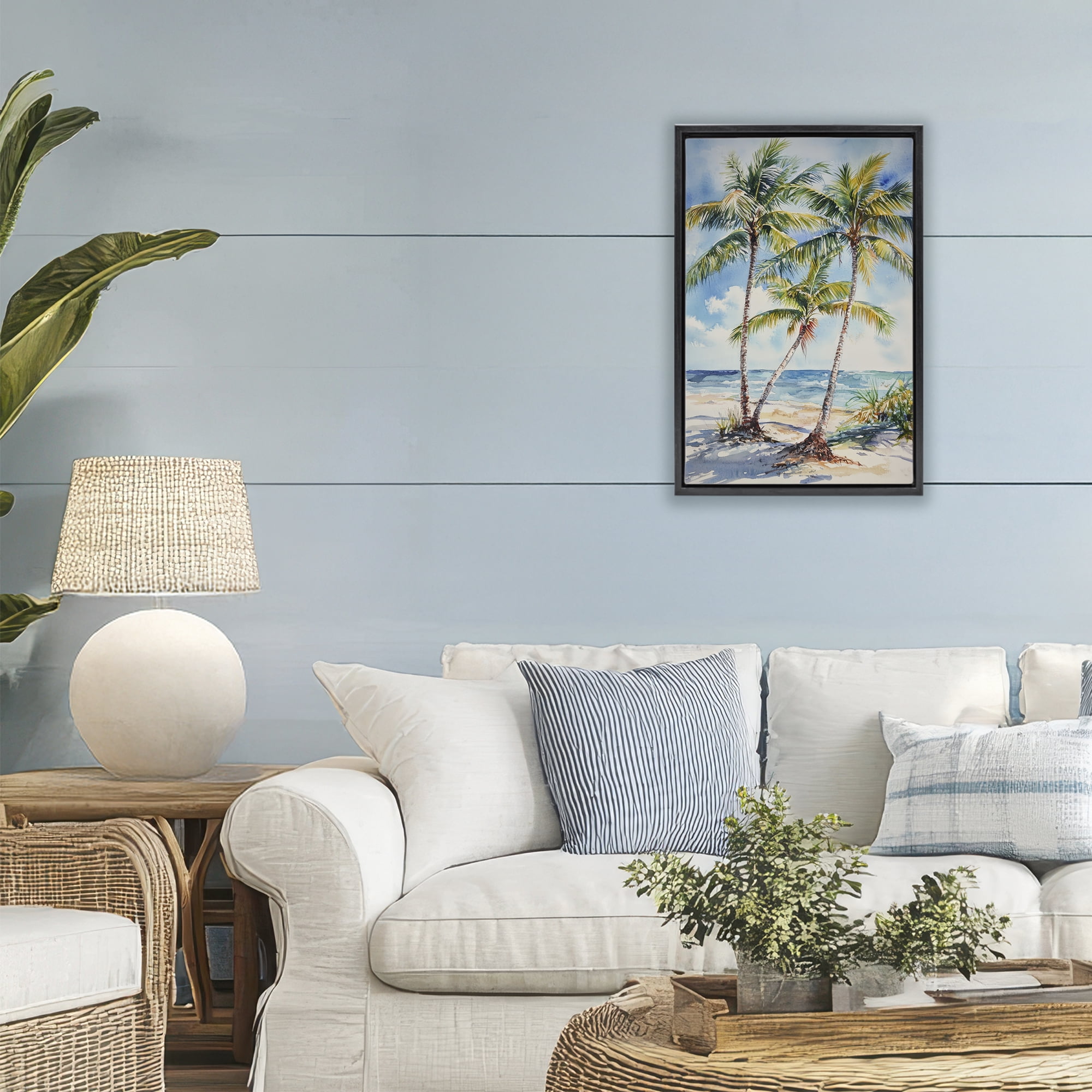 Stupell Industries Windy Palm Trees on Shore Black Framed Floater Canvas Wall Art, design by Petal Prints Design
