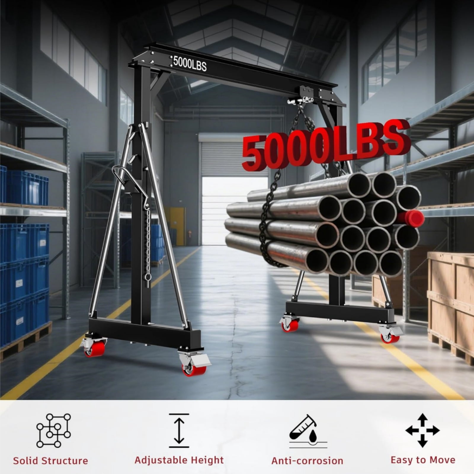 Gewna Adjustable Steel Gantry Crane, 2 Ton/ 5000 lb Capacity, 8.2-12.5ft, Portable Lift Hoist on Wheels with Manual Trolley，Black