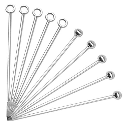 ACKLLR 10 Pack Stainless Steel Cocktail Picks Silver Reusable Fruit Sticks Metal Martini Skewers Olive Drink Picks Set for Holiday Party Events Circle/Ball,2 Styles Tops 