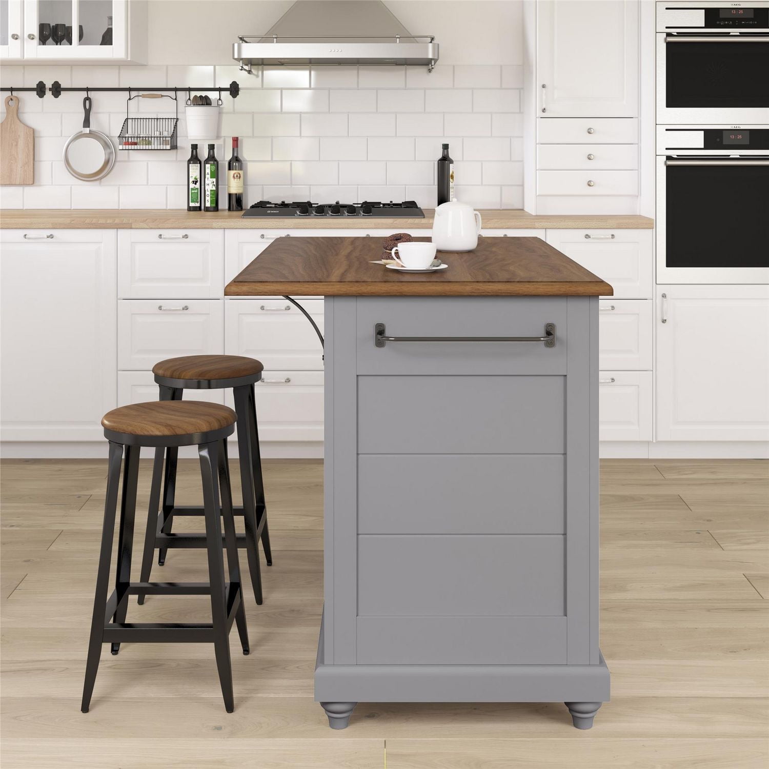 DHP Kelsey Kitchen Island with 2 Stools, Gray