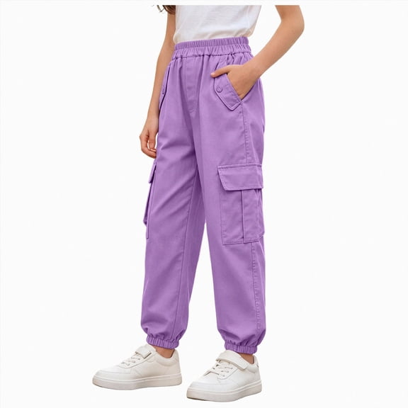 Xyant Girl's Cargo Pants Casual Hiking Loose Fit with Multi Pockets Hight Waist Trousers (Purple,11-12 Years)