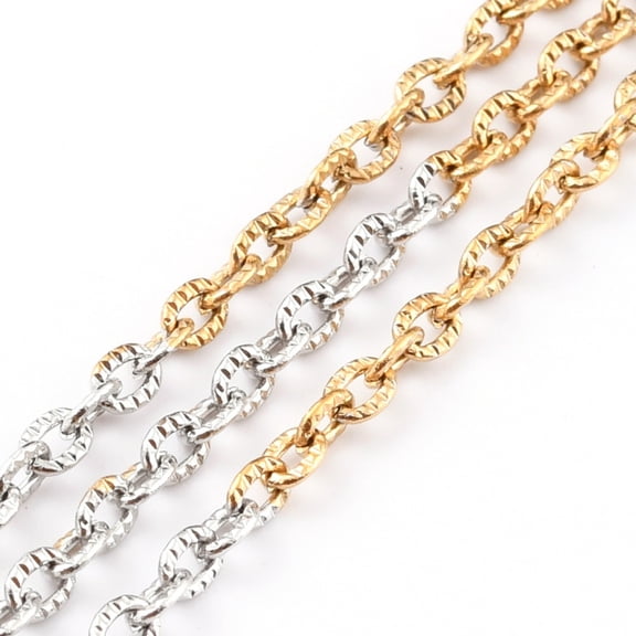 Two Tone 304 Stainless Steel Curb Chains Unwelded Textured with Spool Golden & Stainless Steel Color 3x2x1mm 32.8 Feet(10m)/roll