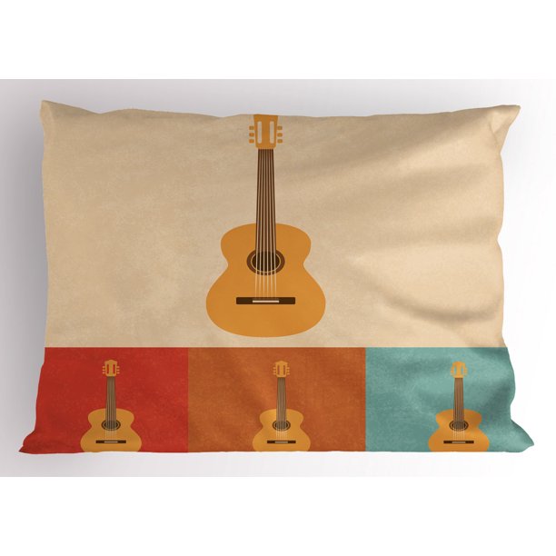 Guitar Pillow Sham Retro Icons Acoustic Guitars in Colorful Frames