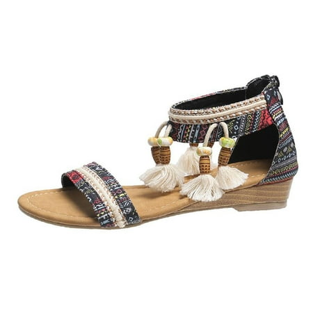 

kakina CMSX Sandals for Women Womens Fashion Bohemian Rhinestone Sandals Ethnic Wind Roman Flat Zip Sandals Black 5.5