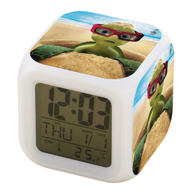 JUSTUP Digital Alarm Clock , LED Digital Bedroom Alarm Clock Easy Setting Cube Wake up Clocks with 4 Sided Sammy's Avonturen Pattern Soft Night Light Large Display Ascending Sound(Pattern 12) M01