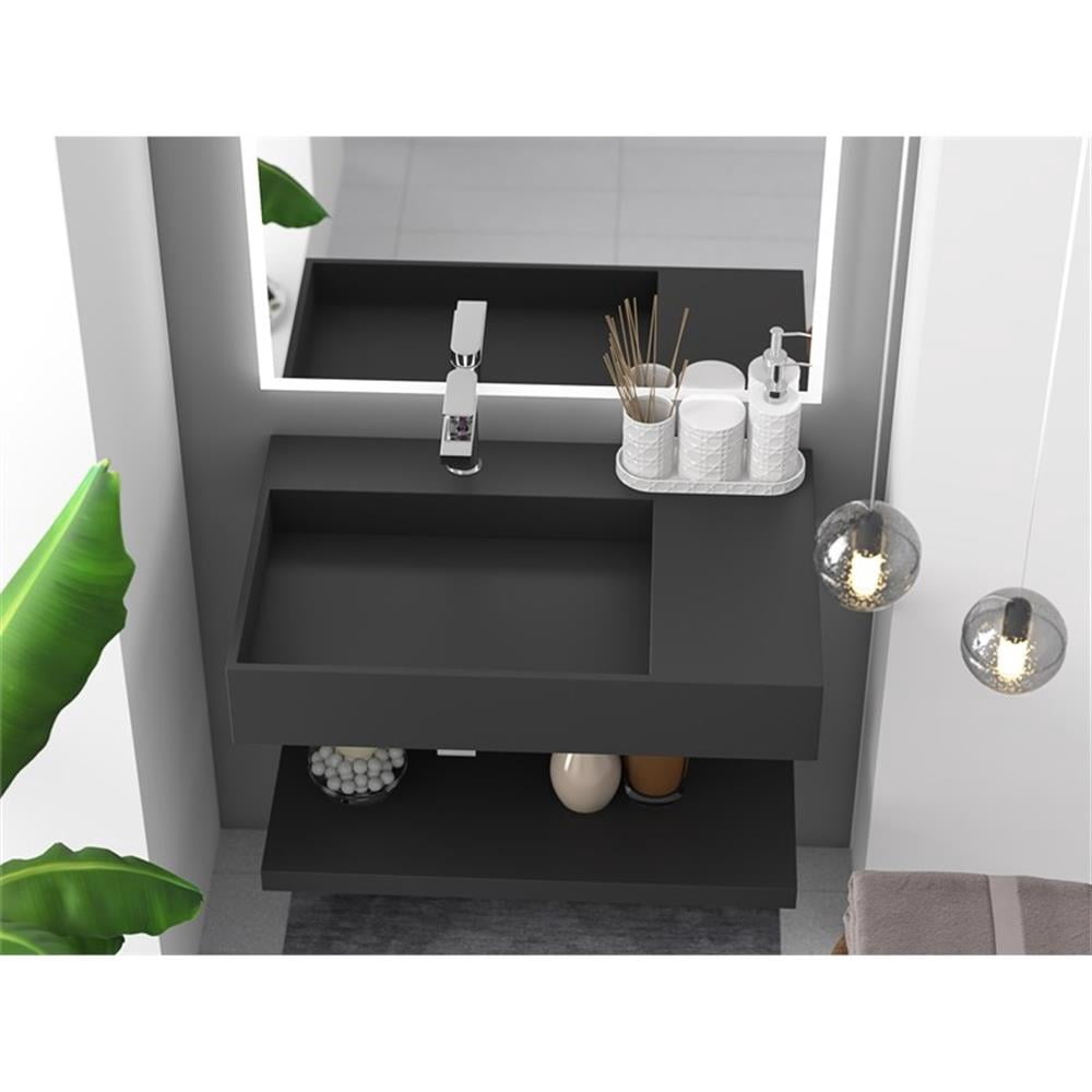 Pemberly Row Modern 30" Stone Left Basin Bathroom Sink in Black