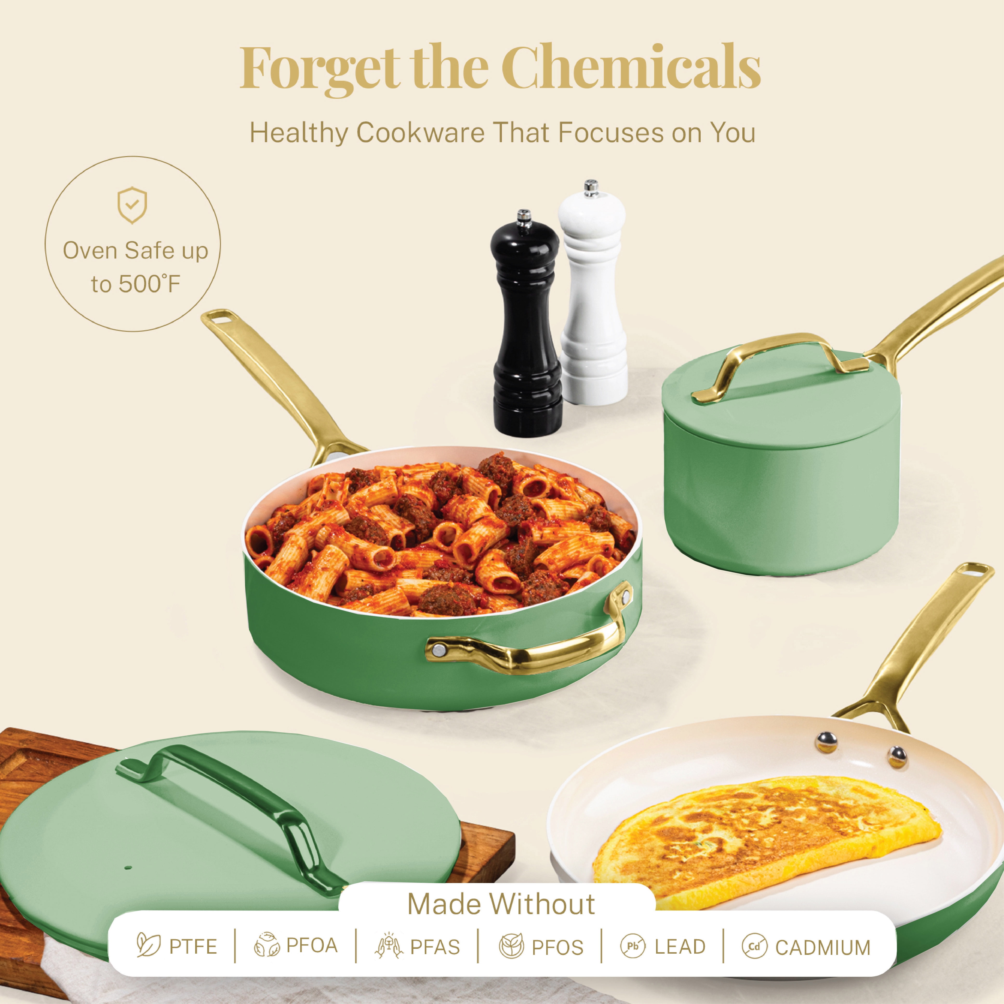 Gotham Steel Modern 11 Pc Ceramic Pots and Pans Set Non Stick, Kitchen Cookware Sets, Non Stick Pots and Pan Set, Ceramic Cookware Set, Pot and Pan Set, Non Toxic Cookware Set, Dishwasher Safe, Green