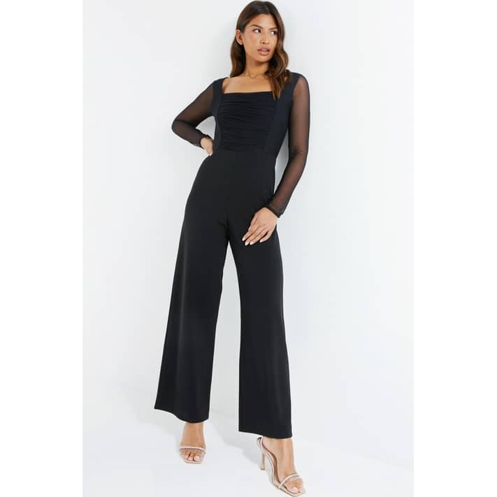 QUIZ Women's Black Mesh Long Sleeve Ruched Jumpsuit - Walmart.com