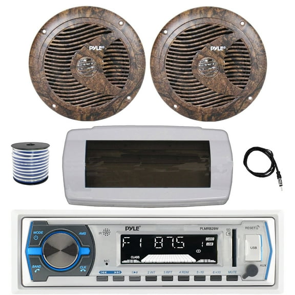 Pyle PLMRB29W Single DIN Bluetooth Marine MP3 AM/FM Stereo Receiver with White Cover, 22" Radio Antenna, Wire, 2x 6.5" 150 Watt Max Full Range Dual Cone Waterproof Stereo Speakers (Camo)