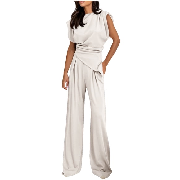 Women's Dressy Casual Outfits 2025 Summer Cap Sleeve V Neck Ruched Irregular Blouse Tops Wide Leg Long Pant Sets, Casual Work Vacation Suits Sweat Pant Sets for Lady White XXL